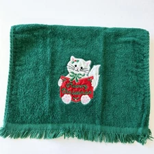 Vintage Embroidered Green Fingertip Towel Meowy Christmas White Kitten Cat 