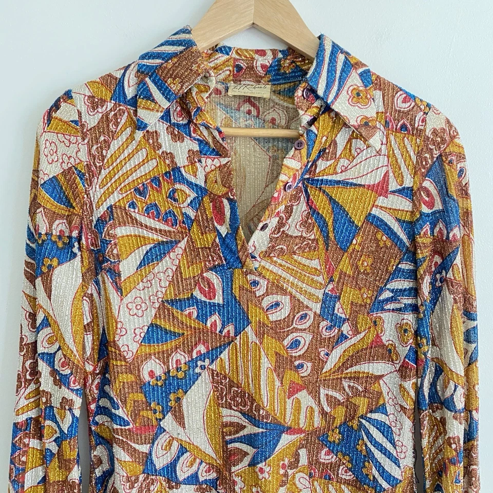 复古 Pat Richards 连衣裙 10 码金属迷幻花卉 Groovy 60 年代 70 年代 — 第 2/4 张图片