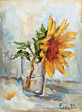 Original OIL PAINTING Small SUNFLOWER Still Life Impasto Art 6x8 inch Signed