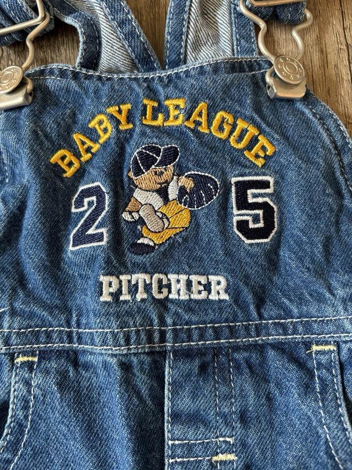 Vintage 2000 Y2K Miniwear Baby League Baseball Overalls Bibs Vestbak Teddy 6-9M - Image 3 of 4