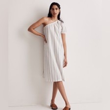 Madewell Seersucker One-Shoulder Puff-SleeveMidi Dress in Stripe Size L