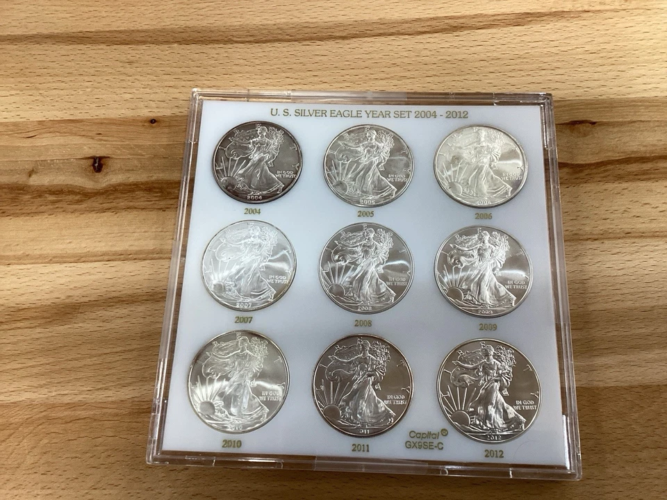 2004-2012 American Silver Eagle Set of 9 Gem Uncirculated Coins w Capital Holder - Image 2 of 4