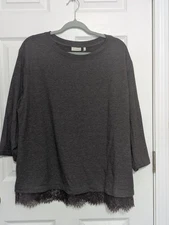 Logo Lounge Embroidery Lace Hem Longsleeve Pockets Top Women’s Grays Chic Sz XL