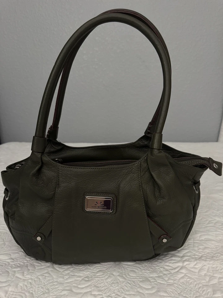 Bolso de mano Isaac Mizrahi de cuero con asa verde oliva cierre de cremallera bolsillos interiores Foto 2 de 4