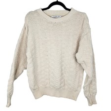 Northern Isles Vintage Cream Basketweave Knit Crewneck Sweater Made in USA