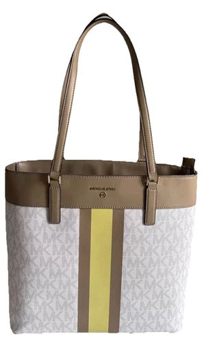 Borsa a tracolla Michael Kors Morgan Vanilla Buttercup logo a righe centrali Nuova con etichette