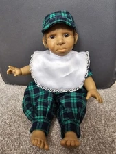 Vintage 14" Porcelain Doll – Plaid Outfit & Bonnet, Sad Expression, Collectible
