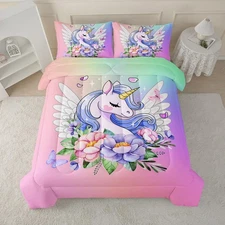 Cartoon Unicorn Comforter Set Full Size,Floral 3 Piece Bedding Set,Angel Unic...