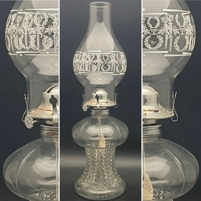 #ad Lamplight Farms 255 Clear Glass Drapery Hurricane Oil Lamp c1980s Austria 17.5quot;t $40.00