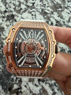 HANBORO Automatic Skeleton Wristwatch Rose Gold Case White Rubber Strap Diamond 