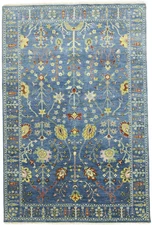 Hand-Knotted Blue Floral Chobi Oriental Rug Tree of Life Entryway Carpet 6X9 ft