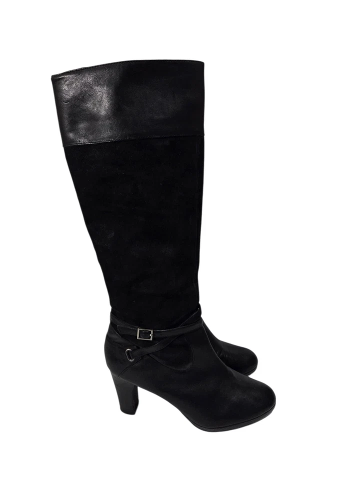 Botas Ralph Lauren Misa Negras Tacón Alto hasta la Rodilla Talla 8 B Gamuza y Cuero Cremallera Foto 3 de 4