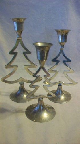 SET OF THREE CHRISTMAS TREE SILVERPLATED CANDLE HOLDERS