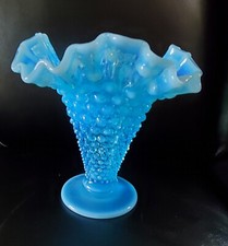 Vintage Fenton Aqua Blue Opalescent Hobnail Ruffled Vase 5 1/2" Tall