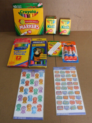 SCHOOL ART TEACHER STARTER NEW JUNK DRAWER LOT, MARKERS, CHALK, CRAYONS, GLUE+