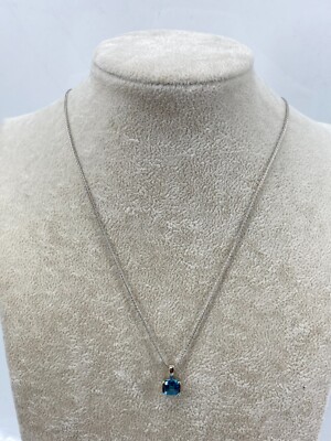 14KT White Gold Wheat Link Necklace with Blue Topaz Pendant 16in 4.1g