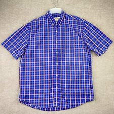 Eddie Bauer Men  s Medium Blue Red Plaid Button Down Short Sleeve Cotton Shirt