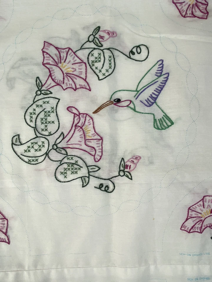 Vintage Embroidered Flowers White Embroidered 57x37" Linen Bed Quilt Block Panel - Image 3 of 4