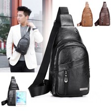 PU Leather Sling Bag USB Charging Port Multi-pocket Chest Bag Men Travel Daypack