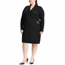 Ladies Plus Size Chaps Soft Knit Long Sleeves Black Shawl-Collar Sweater Dress