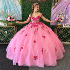 Hot Pink Off Shoulder 3D Floral Lace Quinceanera Ball Gown Tulle Formal Dresses