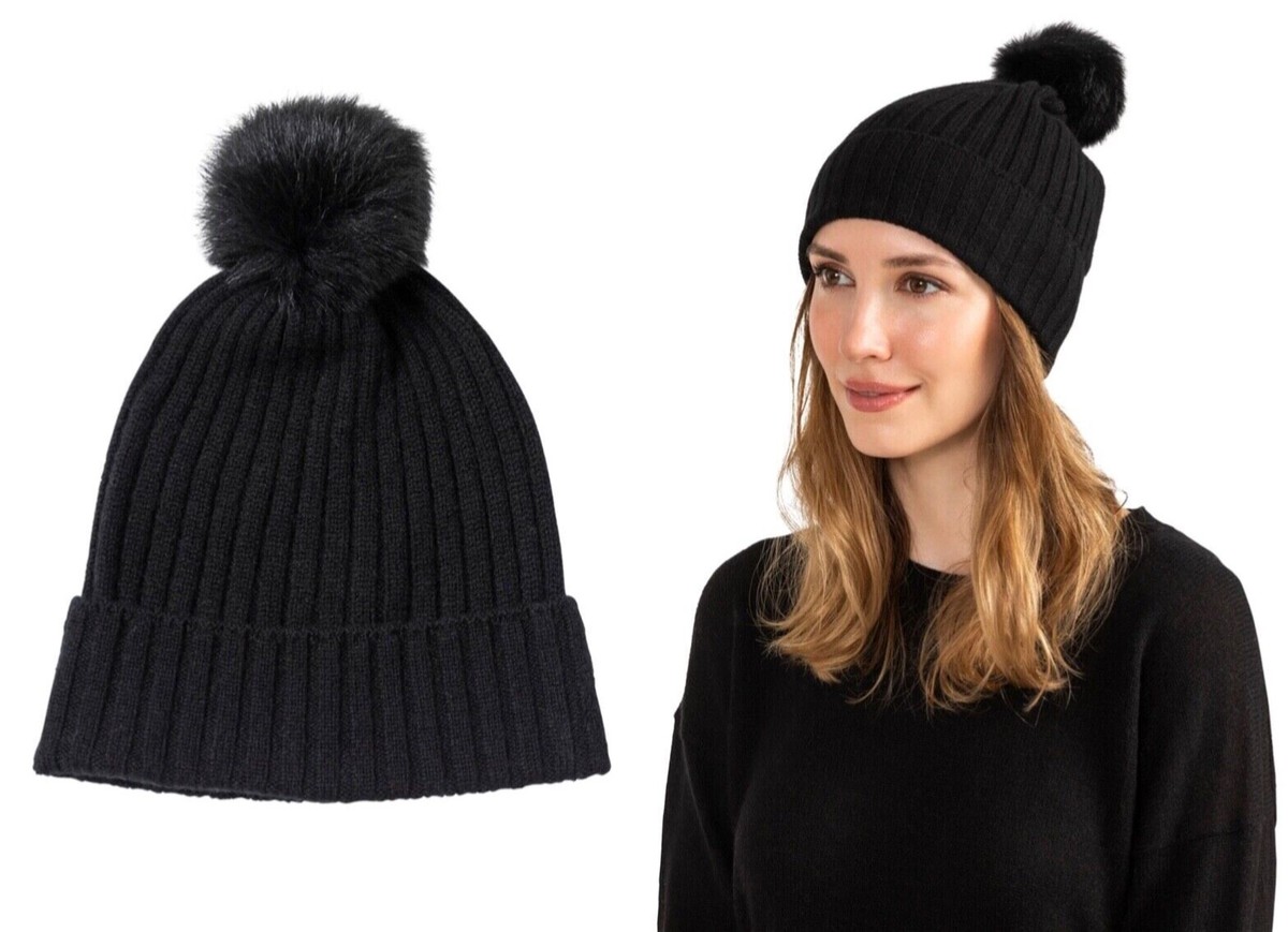 Amicale 100 % Cashmere Genuine Shearling Pompom Beanie Hat  display picture 1