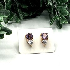Amethyst  Cubic Zirconia Teardrop Gold-tone Stud Earrings