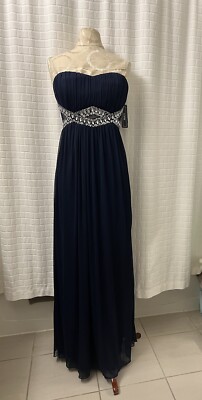 New A.Byer Women Navy Blue Rhinestone Evening Strapless Prom Dress SZ 7 |  eBay UK