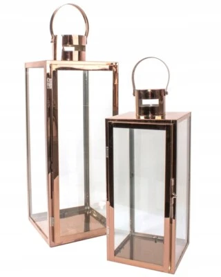Set of 2 Modern Square Rose Gold Hurricane Stainless Steel Lantern Candle Holder - image 1 of 2