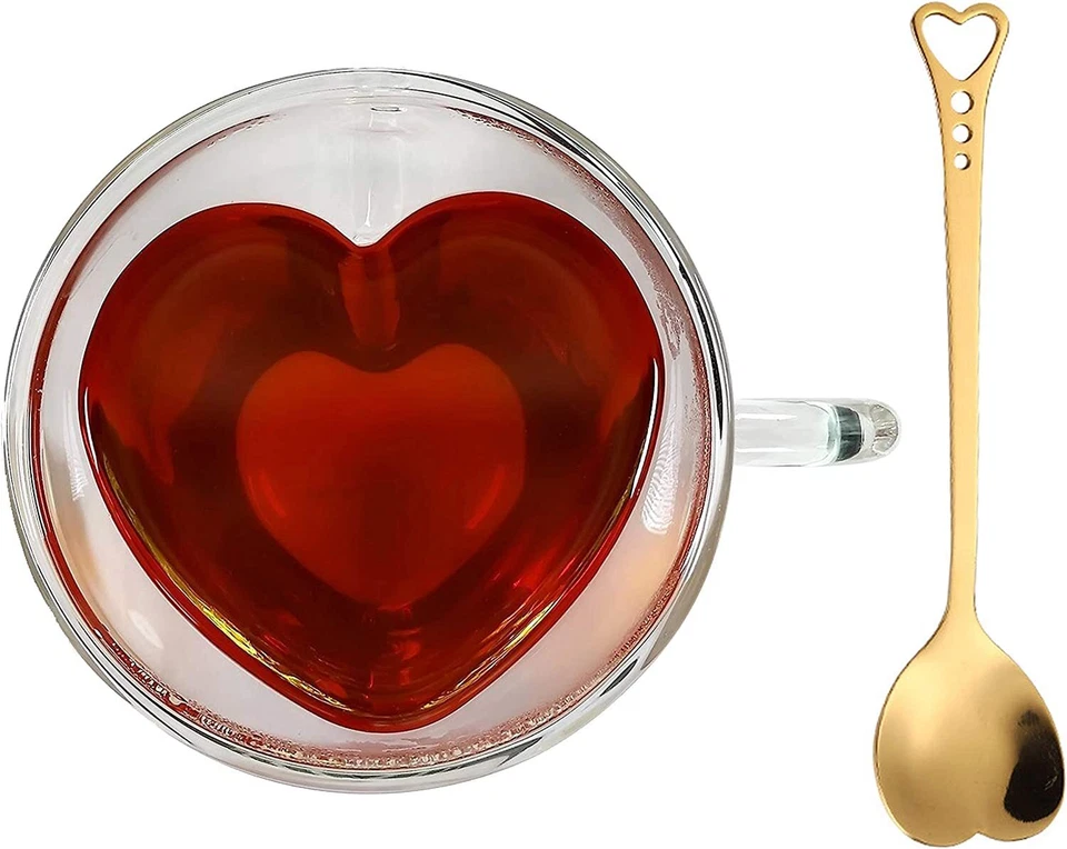 Double Wall Heart Shaped Glass Coffee Mug Insulated Clear Tea Cup with Handle US