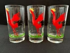 MINT! VINTAGE! 3 Red Cock-Cro Rooster Glasses Juice 4¾"T 2½"D Federal Glass 1950