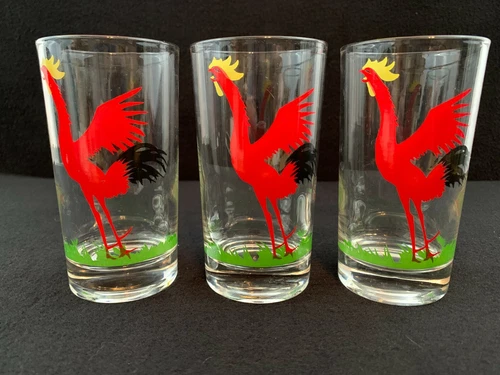 MINT! VINTAGE! 3 Red Cock-Cro Rooster Glasses Juice 4¾"T 2½"D Federal Glass 1950