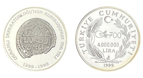 TURKEY 1999, First OTTOMAN Coin, 4.000.000 Lira, Silver Coin, 925 Ag UNC