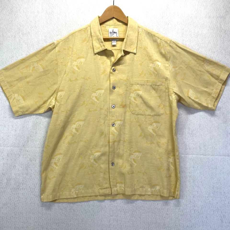 Guy Harvey Shirt Mens 2XL Yellow Camp Loop Collar Bluewater Embossed Beachwear - Image 2 of 4