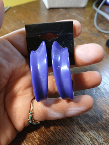 Big Chunky Purple Lucite Plastic Hoop Earrings White Speckled Statement Vtg 80s 