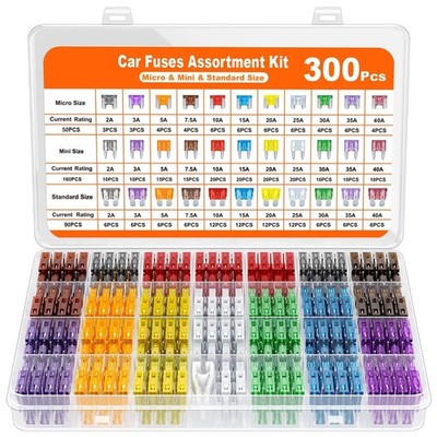 300Pcs Car Fuse Assortment Kit   160 Mini Blade, 90 Standard, 50 Micro Fuses
