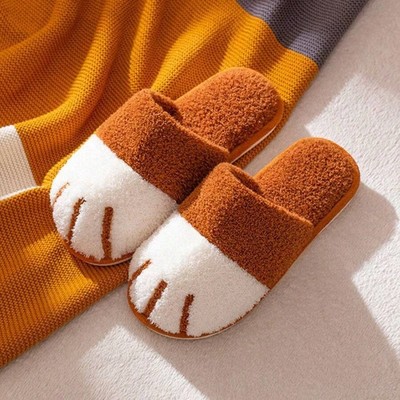 Cartoon Cat Paw Slippers Couples Fluffy Warm Winter Indoor Shoes