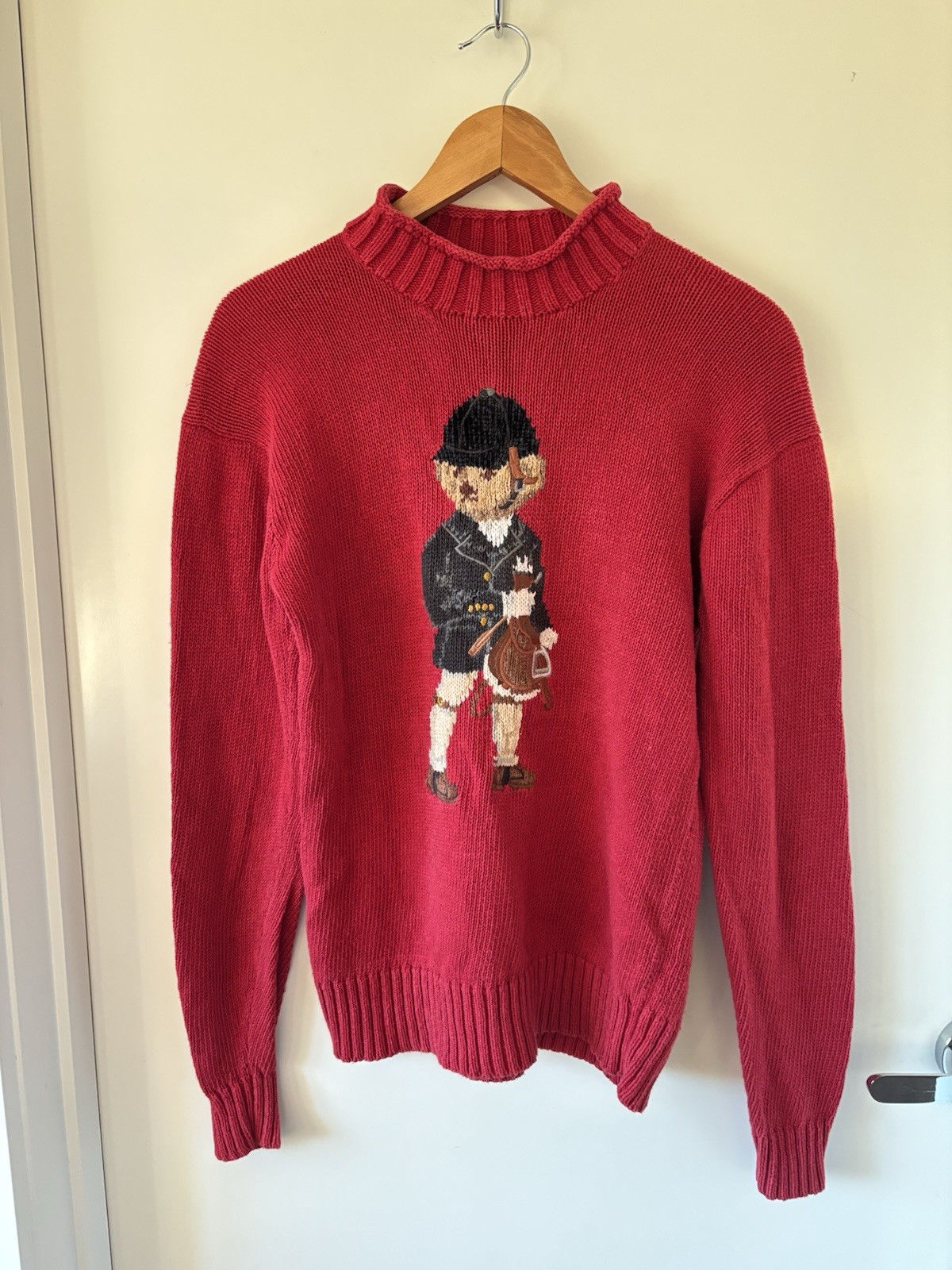 RALPH LAUREN-SMALL-RARE VINTAGE POLO SPORT TEDDY BEAR RED COTTON FIT KNIT JUMPER