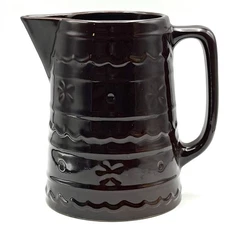 Vintage Marcrest Stoneware Ovenware Pitcher Daisy Dot Dark Brown Glaze 8" EUC
