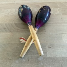 Vintage Wooden Maracas Purple Hand Painted Flowers 7  Mexico