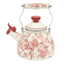 Pioneering Woman Agatha - 2 Quart Tea Pot, Enamel Steel Pot, Floral Design, Red