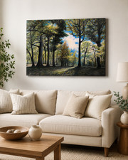 A calming forest canvas wall art featuring sunlight streaming through