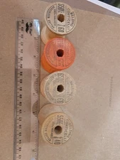 Set Of 4 Vintage Belding Corticelli Wooden Spools Empty One Great Orange Color
