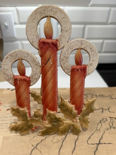 Vintage German Die Cut Christmas Three Candles With Holly Stand Up 9x7in