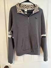 PINK Victoria's Secret 1/4 Zip Fleece Sweatshirt Gray Leopard Logo Pockets M