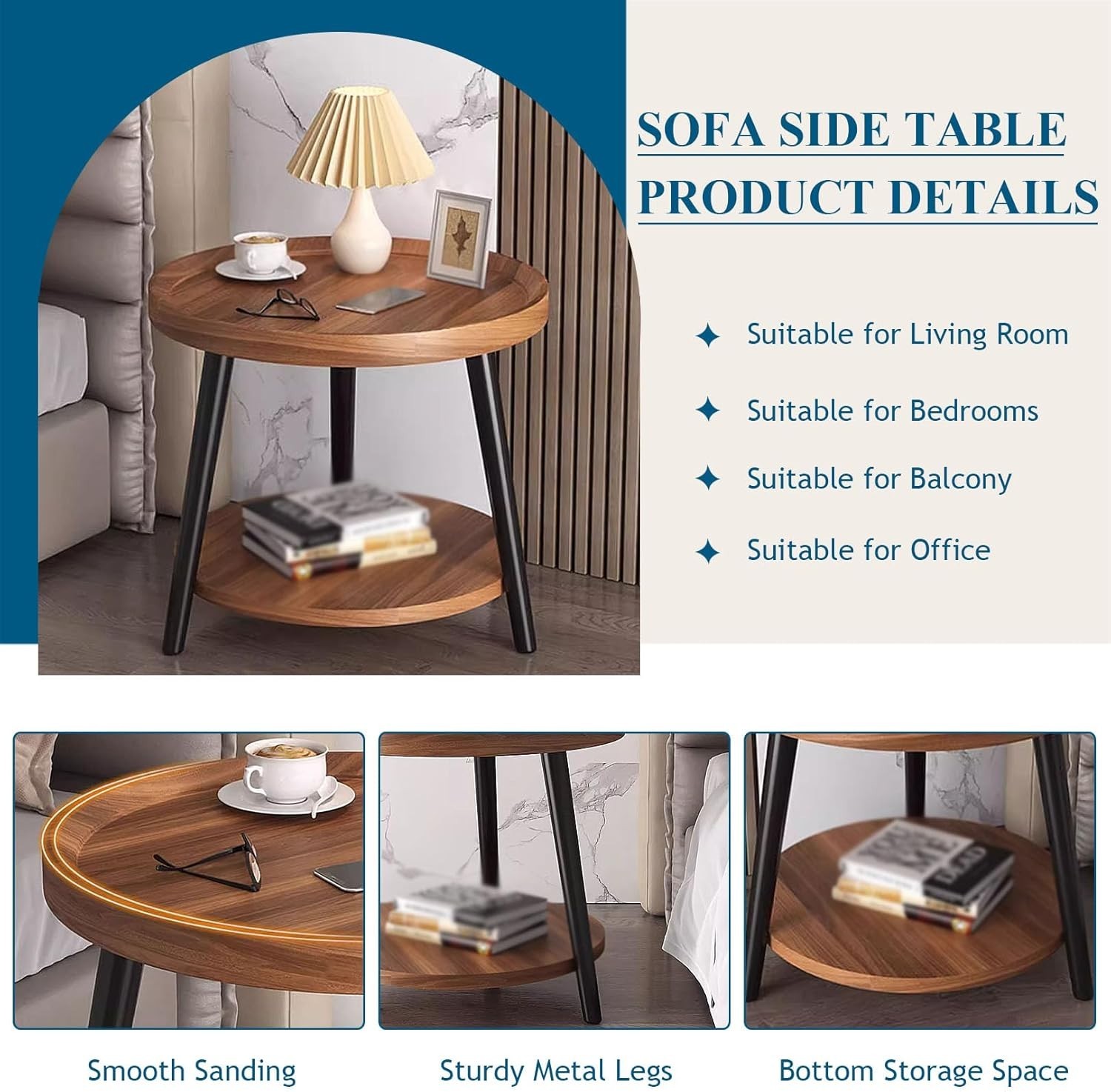Side End Table with Storage Rack and Sturdy Metal Legs Accent Nightstand Table