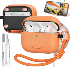 For Airpods Pro 3 Case Orange  Built-In Phone Stand, Magnetic Lock Design, Co