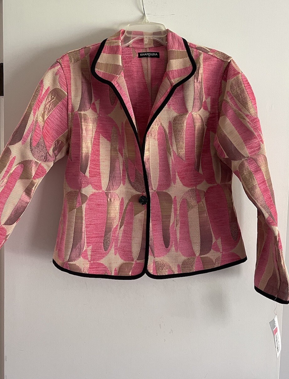 Khangura Women's Pink Brown Tapestry Jacket/Blazer Black Trim Sz M NWT