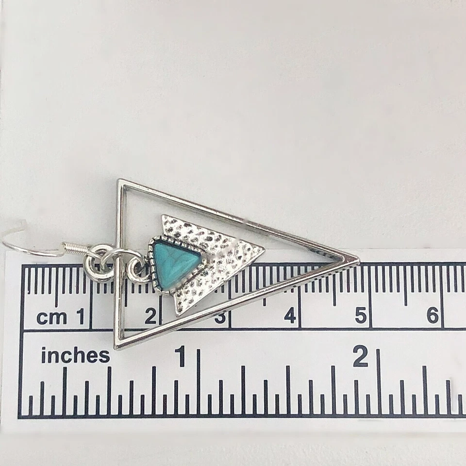 Brinco de pedra preciosa triângulo turquesa martelado joia presente boho prata esterlina - Imagem 2 de 4