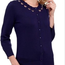 Cable  Gauge Woman's Extra Large Navy Interwoven Grommets Cardigan Sweater NWT